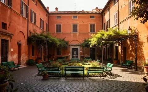 Ein sonniger, ruhiger Innenhof in Bologna mit Kopfsteinpflaster, schattigen Sitzgelegenheiten und warmen Terrakotta-Fassaden. - Foto: über boerse-global.de