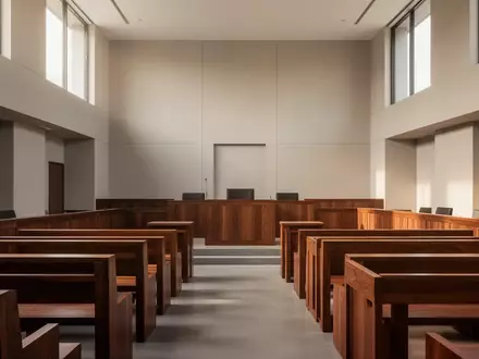 Ein minimalistischer, heller Gerichtssaal mit modernen Holzmöbeln und klaren architektonischen Linien ohne Personen. - Foto: über boerse-global.de