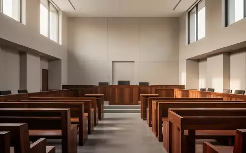 Ein minimalistischer, heller Gerichtssaal mit modernen Holzmöbeln und klaren architektonischen Linien ohne Personen. - Foto: über boerse-global.de