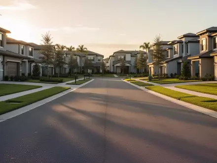 Eine ruhige, modern gestaltete Wohnstraße im Stadtteil Lake Nona in Florida bei Sonnenuntergang. - Foto: über boerse-global.de