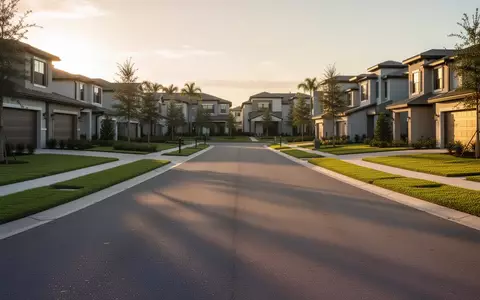 Eine ruhige, modern gestaltete Wohnstraße im Stadtteil Lake Nona in Florida bei Sonnenuntergang. - Foto: über boerse-global.de