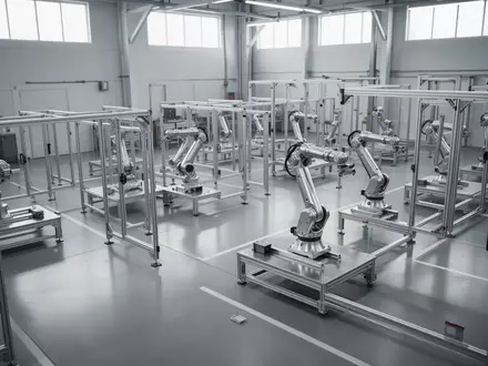 Leere, aufgeräumte industrielle Fertigungsstationen in einer modernen Fabrikhalle bei natürlichem Lichteinfall. - Foto: über boerse-global.de