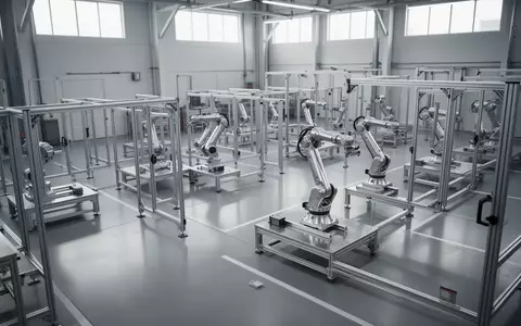 Leere, aufgeräumte industrielle Fertigungsstationen in einer modernen Fabrikhalle bei natürlichem Lichteinfall. - Foto: über boerse-global.de
