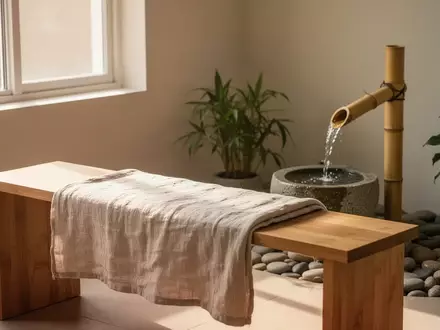 Ein minimalistischer, friedlicher Raum für ganzheitliche Gesundheit mit einem hölzernen Möbelstück, Naturstein und Pflanzen. - Foto: über boerse-global.de