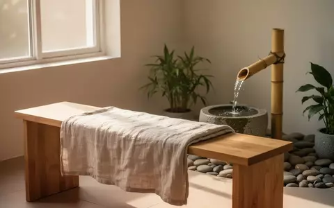 Ein minimalistischer, friedlicher Raum für ganzheitliche Gesundheit mit einem hölzernen Möbelstück, Naturstein und Pflanzen. - Foto: über boerse-global.de