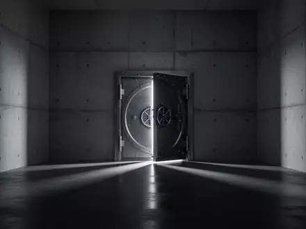 Eine leicht geöffnete, schwere Stahltür in einem minimalistischen, architektonisch kühlen Raum mit dramatischem Licht. - Foto: über boerse-global.de