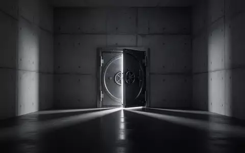 Eine leicht geöffnete, schwere Stahltür in einem minimalistischen, architektonisch kühlen Raum mit dramatischem Licht. - Foto: über boerse-global.de