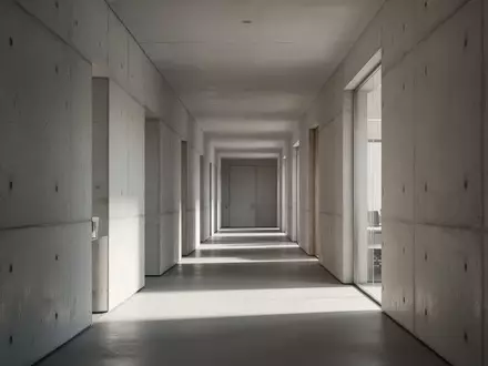 Ein minimalistischer, moderner Flur in einem Behördengebäude mit Betonwänden und klaren architektonischen Linien. - Foto: über boerse-global.de