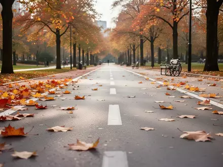 Ein herbstlicher, gut ausgebauter Fahrradweg in einem Park mit buntem Laub auf dem Asphalt. - Foto: über boerse-global.de
