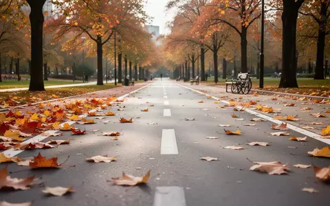 Ein herbstlicher, gut ausgebauter Fahrradweg in einem Park mit buntem Laub auf dem Asphalt. - Foto: über boerse-global.de