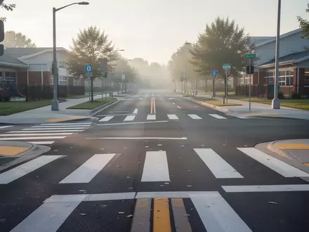 Ein leerer Fußgängerüberweg in der Nähe einer Schule bei Morgenlicht. - Foto: über boerse-global.de