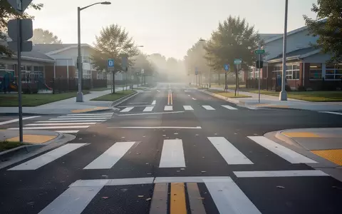 Ein leerer Fußgängerüberweg in der Nähe einer Schule bei Morgenlicht. - Foto: über boerse-global.de