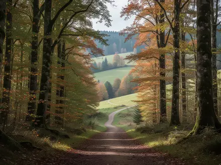 Ein gewundener Waldweg in den herbstlich gefärbten Hügeln des nördlichen Harzvorlandes bei natürlichem Tageslicht. - Foto: über boerse-global.de