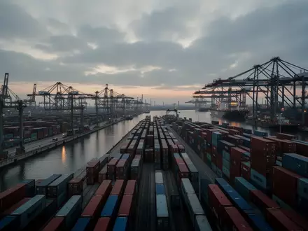 Ein industrieller Containerterminal im Hamburger Hafen bei Dämmerung mit Kränen und gestapelten Containern. - Foto: über boerse-global.de