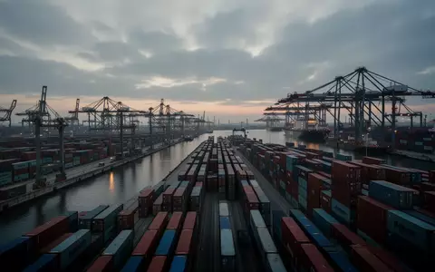 Ein industrieller Containerterminal im Hamburger Hafen bei Dämmerung mit Kränen und gestapelten Containern. - Foto: über boerse-global.de