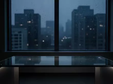 Ein minimalistischer, unbesetzter Arbeitsplatz mit einem gläsernen Schreibtisch vor einer nächtlichen Stadtkulisse. - Foto: über boerse-global.de