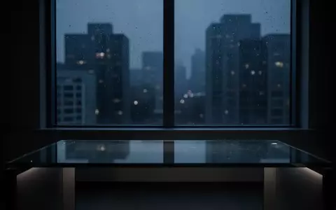Ein minimalistischer, unbesetzter Arbeitsplatz mit einem gläsernen Schreibtisch vor einer nächtlichen Stadtkulisse. - Foto: über boerse-global.de