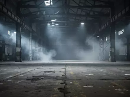 Leere, verrauchte Industriehalle mit Betonboden und Stahlträgern nach einer Einsatzübung der Feuerwehr. - Foto: über boerse-global.de