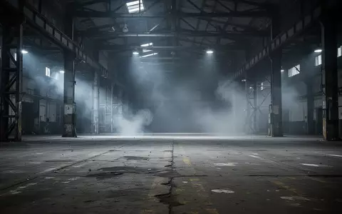 Leere, verrauchte Industriehalle mit Betonboden und Stahlträgern nach einer Einsatzübung der Feuerwehr. - Foto: über boerse-global.de