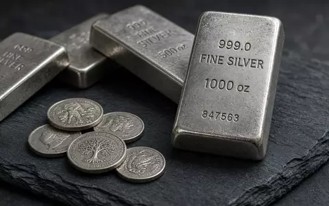Silberbarren und Silbermünzen auf einer dunklen Schieferplatte bei gedämpftem Licht. - Foto: über boerse-global.de