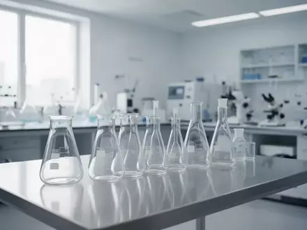 Ein steriler, minimalistischer Laborraum mit leeren Glasbechern auf einem Edelstahltisch, der eine professionelle Forschungsumgebung symbolisiert. - Foto: über boerse-global.de