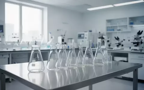 Ein steriler, minimalistischer Laborraum mit leeren Glasbechern auf einem Edelstahltisch, der eine professionelle Forschungsumgebung symbolisiert. - Foto: über boerse-global.de