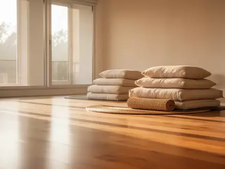 Ein heller, minimalistischer Yogaraum mit Holzboden und weichem Tageslicht, der eine ruhige Atmosphäre ausstrahlt. - Foto: über boerse-global.de