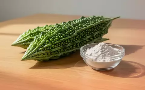 Frische Bittermelone und eine Schale mit Kollagenpulver auf einem Holztisch. - Foto: über boerse-global.de
