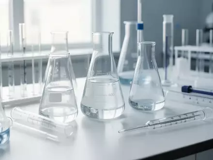 Laborausstattung mit Glasbehältern und Messgeräten auf einer sauberen, weißen Oberfläche in einer klinischen Umgebung. - Foto: über boerse-global.de