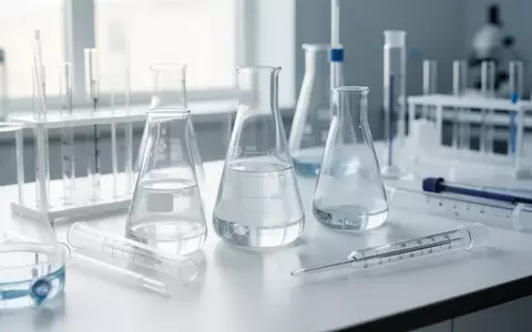 Laborausstattung mit Glasbehältern und Messgeräten auf einer sauberen, weißen Oberfläche in einer klinischen Umgebung. - Foto: über boerse-global.de