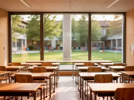 Ein leerer, sonnendurchfluteter Klassenraum in einer bayerischen Schule mit modernem Interieur. - Foto: über boerse-global.de