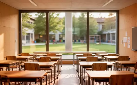 Ein leerer, sonnendurchfluteter Klassenraum in einer bayerischen Schule mit modernem Interieur. - Foto: über boerse-global.de