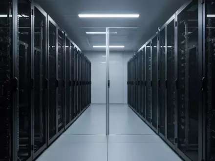 Ein moderner, minimalistischer Serverraum mit leeren Serverschränken in kühler, atmosphärischer Beleuchtung. - Foto: über boerse-global.de