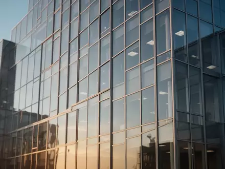 Moderne Glasfassade eines Bürogebäudes bei Tageslicht mit Spiegelungen des Himmels. - Foto: über boerse-global.de