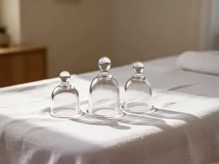 Traditionelle Schröpfgläser aus Glas auf einem weißen Leinentuch in einem ruhigen Behandlungsraum. - Foto: über boerse-global.de