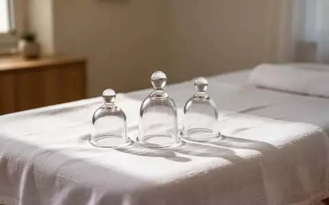 Traditionelle Schröpfgläser aus Glas auf einem weißen Leinentuch in einem ruhigen Behandlungsraum. - Foto: über boerse-global.de