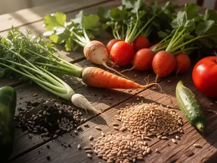 Frisches, biologisch angebautes Gemüse und Getreide auf einem rustikalen Holztisch bei natürlichem Tageslicht. - Foto: über boerse-global.de