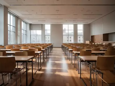 Ein leerer, lichtdurchfluteter Hörsaal mit modernen Holzmöbeln in einer Universität. - Foto: über boerse-global.de