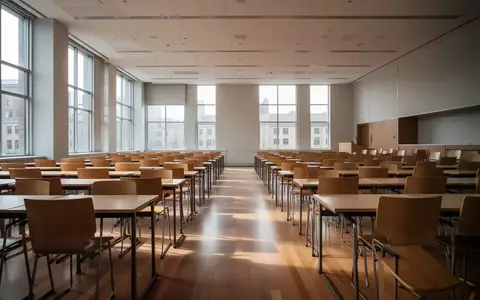 Ein leerer, lichtdurchfluteter Hörsaal mit modernen Holzmöbeln in einer Universität. - Foto: über boerse-global.de