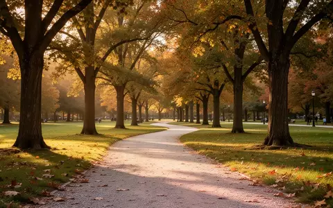 Ein gewundener Spazierweg in einem sonnendurchfluteten Park im Herbst. - Foto: über boerse-global.de