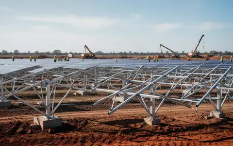 Bauarbeiten an einer großflächigen Solaranlage auf einer Freifläche. - Foto: über boerse-global.de