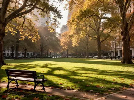 Ein sonniger, ruhiger Stadtpark mit einer leeren Parkbank auf einer grünen Wiese im Herbstlicht. - Foto: über boerse-global.de