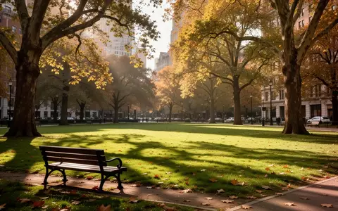 Ein sonniger, ruhiger Stadtpark mit einer leeren Parkbank auf einer grünen Wiese im Herbstlicht. - Foto: über boerse-global.de