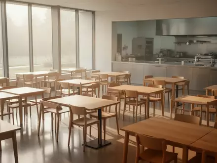 Ein minimalistisch gestalteter Speisesaal in einer Kantine mit leeren Tischen und Stühlen bei natürlichem Lichteinfall. - Foto: über boerse-global.de