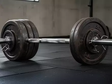Eine schwere Langhantel mit Gewichtsscheiben auf dem Boden in einem minimalistischen Fitnessstudio. - Foto: über boerse-global.de