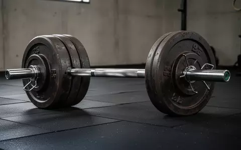 Eine schwere Langhantel mit Gewichtsscheiben auf dem Boden in einem minimalistischen Fitnessstudio. - Foto: über boerse-global.de