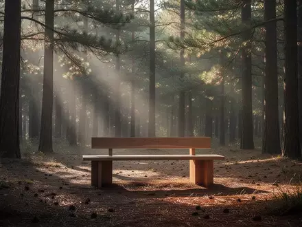 Eine leere Holzbank in einer ruhigen Waldlichtung bei sanftem Morgenlicht als Symbol für mentale Erholung. - Foto: über boerse-global.de
