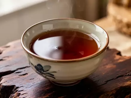 Eine Nahaufnahme einer Keramikschale mit dunklem, bernsteinfarbenem Pu-erh-Tee auf einer rustikalen Holzoberfläche. - Foto: über boerse-global.de