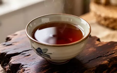 Eine Nahaufnahme einer Keramikschale mit dunklem, bernsteinfarbenem Pu-erh-Tee auf einer rustikalen Holzoberfläche. - Foto: über boerse-global.de