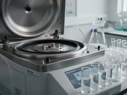 Laborausstattung mit Zentrifuge und Glasgefäßen für biochemische Analysen in einer sterilen Forschungsumgebung. - Foto: über boerse-global.de